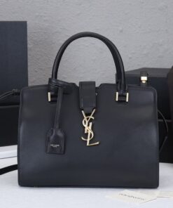 Saint Laurent Navy Crocodile-Embossed Mini Cassandra Top Handle Bag