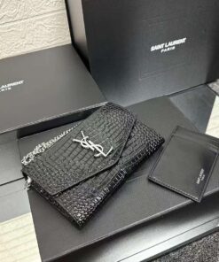 Saint Laurent Navy Crocodile-Embossed Mini Cassandra Top Handle Bag