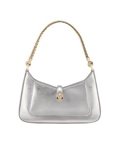 Bvlgari Serpenti Baia small shoulder bag in silver striated calf leather with snakehead closure and luxury finish