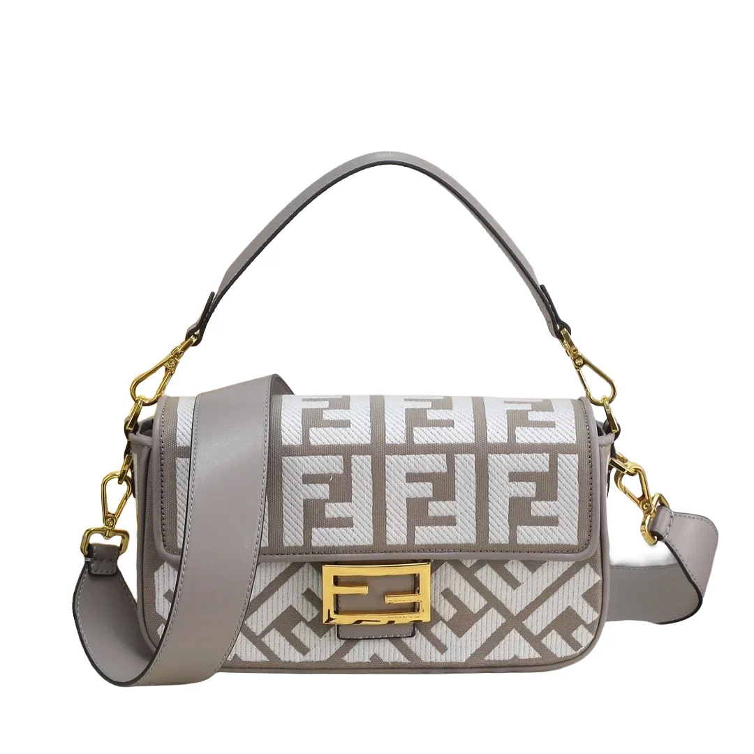 A pair of Fendi bags: leather mini tote and FF monogram shoulder bag, showcasing different textures.