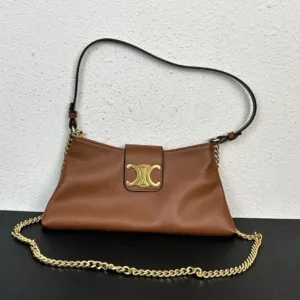 High-end Celine brown leather handbag with elegant gold chain and logo