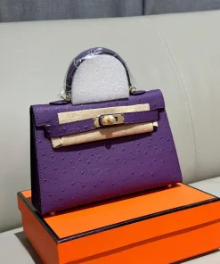 Luxury small ostrich purse with top handle and structured shape