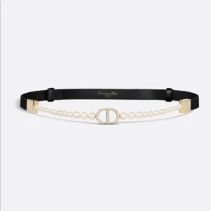 Black calfskin women’s belt with slim 1.5cm width and pearl accents
