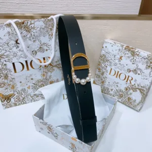 Christian Dior Leather Belt with Pearl-Embellished CD Buckle