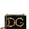 Front view of the Devotion mini bag with the large, ornate gold DG logo and chain strap.