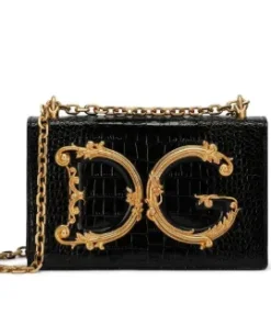 Front view of the Devotion mini bag with the large, ornate gold DG logo and chain strap.