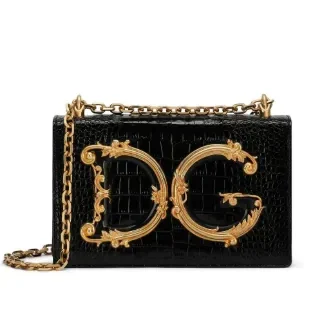 Front view of the Devotion mini bag with the large, ornate gold DG logo and chain strap.