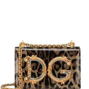 Front view of the glossy Leopard print Devotion bag with the ornate gold DG logo.