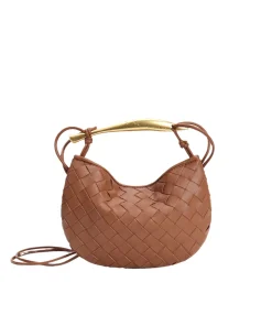 Bottega Veneta Sardine bag with a gold-tone metal top handle and brown intrecciato leather.
