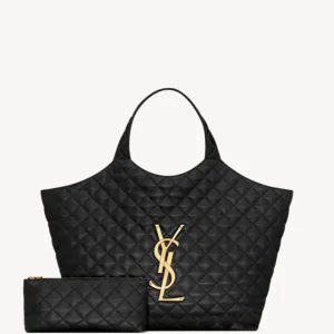 Large quilted leather shopping tote bag featuring a prominent metal monogram logo and soft top handles.