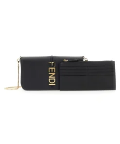 Black Fendigraphy Wallet On Chain featuring the distinctive curved metal Fendi lettering and fine gold chain strap.