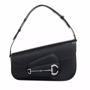 Black saffiano leather shoulder bag with silver details on display