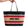 Close-up of Miu Miu woven tote bag with decorative stripes and structured shape.