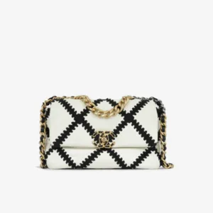 Chanel 19 small flap bag front view in white calfskin with black crochet stitching