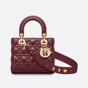 Close-up on the iconic gold-tone D.I.O.R. charms hanging from the structured top handle.