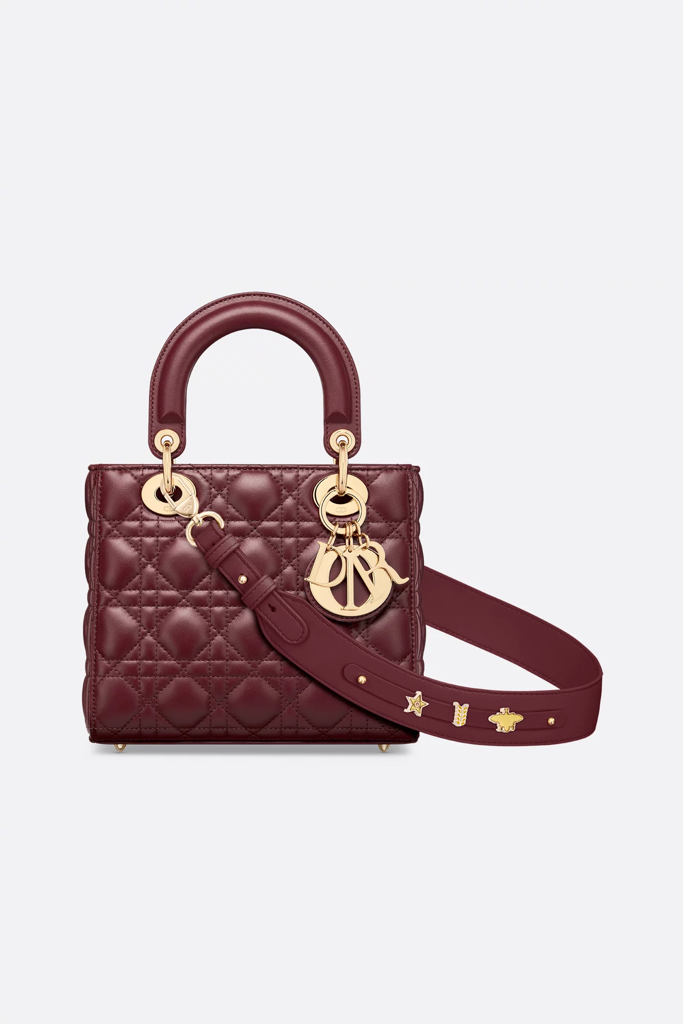 Gold D.I.O.R. Charms on Quilted Dior Handbag - Iconic Luxury Detail Close-up on the iconic gold-tone D.I.O.R. charms hanging from the structured top handle.