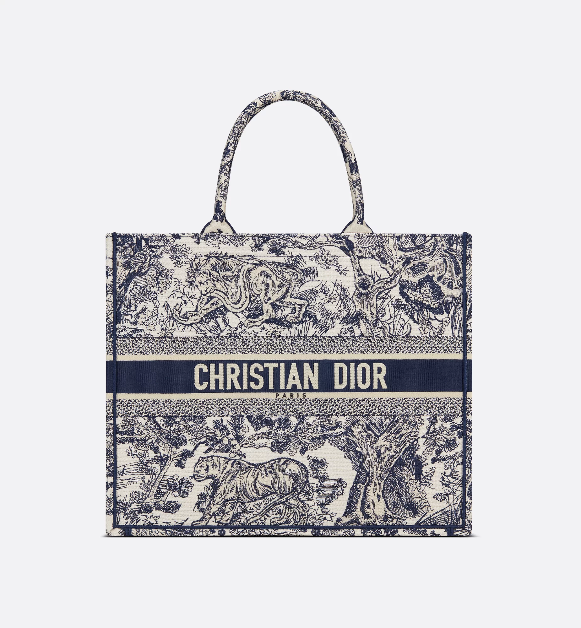 Christian Dior Toile de Jouy Sauvage Book Tote - Blue and White Full view of the Dior Book Tote in blue and white Toile de Jouy Sauvage jungle print canvas