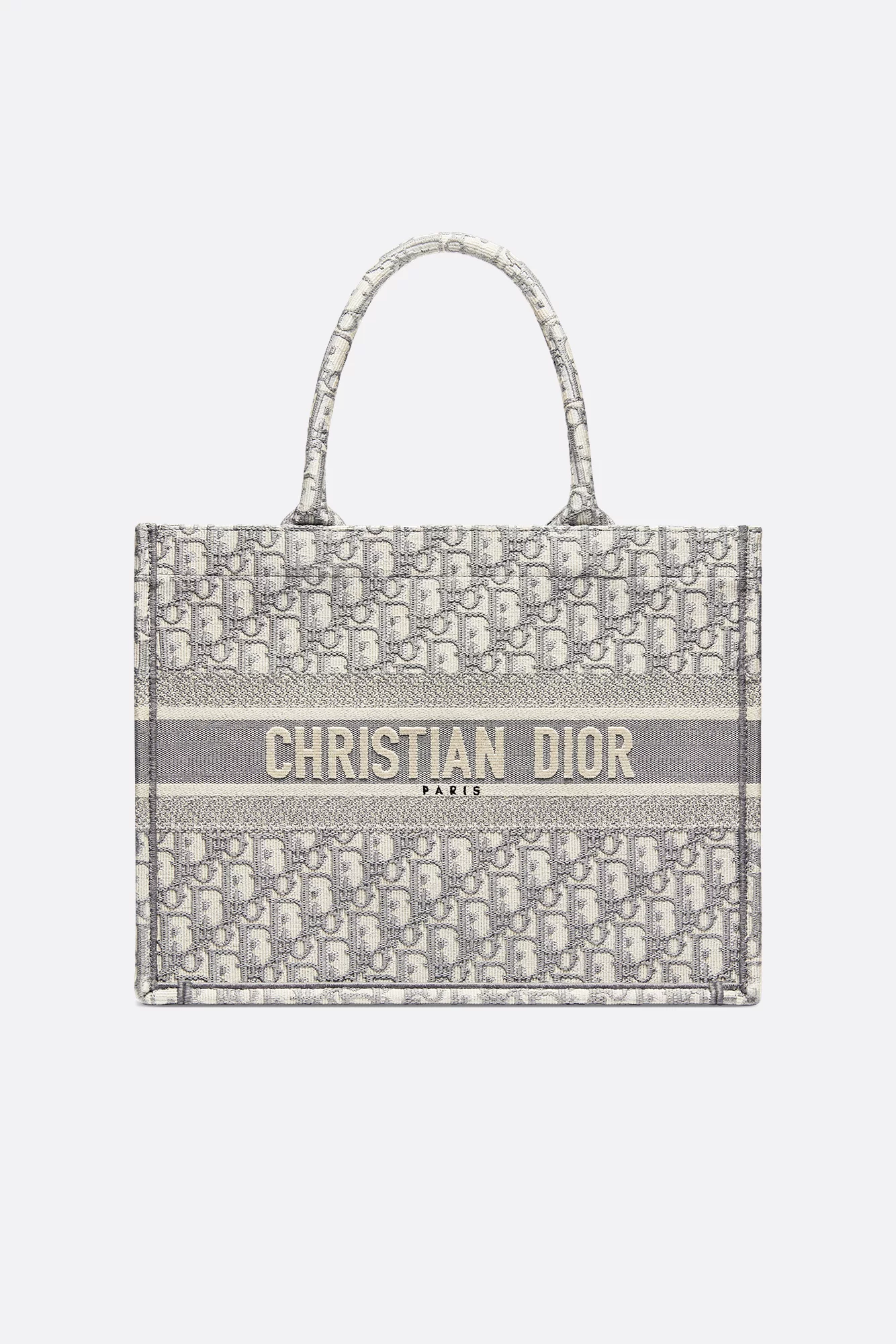 Close-up of authentic Dior Book Tote in gray/beige Oblique motif with 'Christian Dior Paris' band.