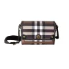Dark birch brown Burberry Note crossbody bag with top handle and sleek leather finish