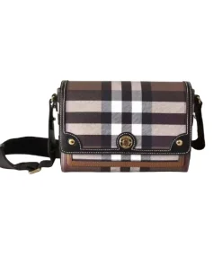 Dark birch brown Burberry Note crossbody bag with top handle and sleek leather finish