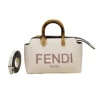 White Fendi Roma top handle handbag with brown leather handle and logo design