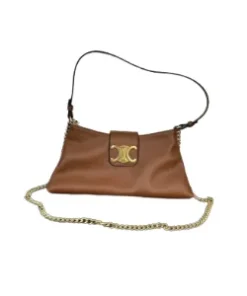 High-end Celine brown leather handbag with elegant gold chain and logo