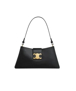 Celine Paris black leather crossbody bag with chain detail and gold clasp