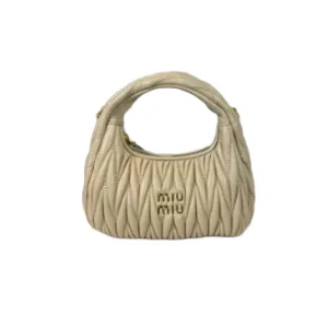 Front view of luxury matelassé nappa leather hobo bag with sculpted texture and designer logo