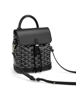 Elegant patterned canvas mini backpack with leather trim, main product view.