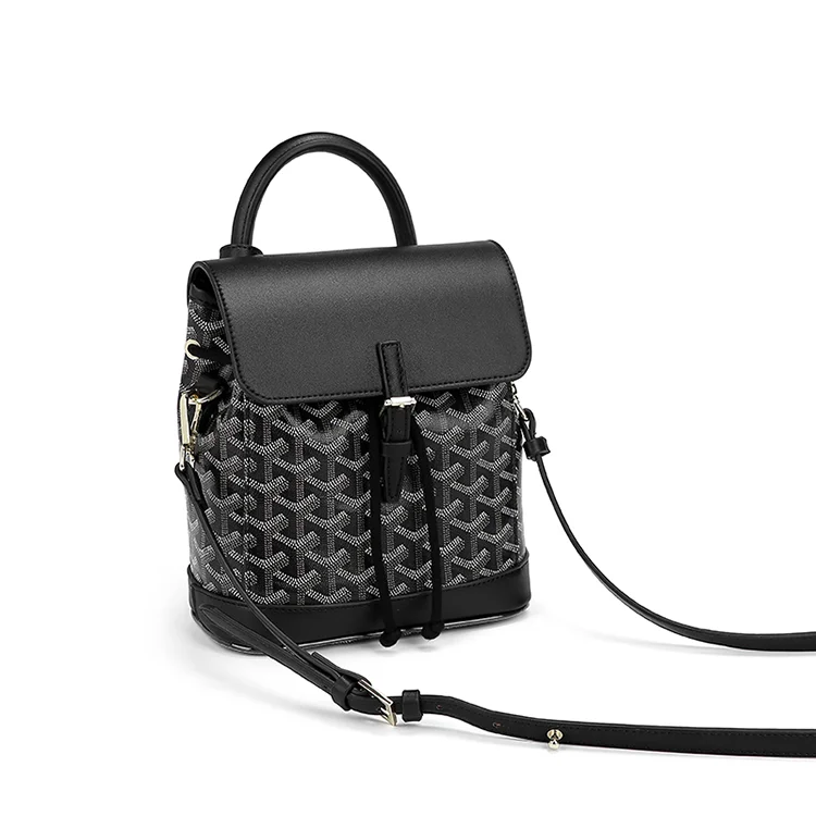 Designer Pattern Mini Backpack-trang-black-4 Elegant patterned canvas mini backpack with leather trim, main product view.