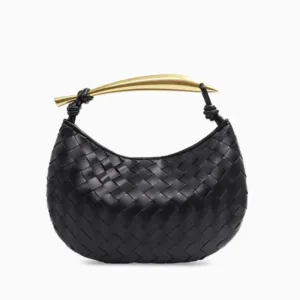 Bottega Veneta Sardine bag with a gold-tone metal top handle and black intrecciato leather.