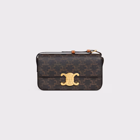 Elegant CELINE Triomphe Handbag in Shiny Satin Calfskin CELINE Triomphe handbag in satin calfskin with an adjustable strap and luxurious gold hardware, perfect for cross-body or shoulder style.