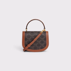 MINI BESACE CLEA handbag featuring the iconic Triomphe canvas pattern with smooth calfskin leather accents and gold-tone hardware.