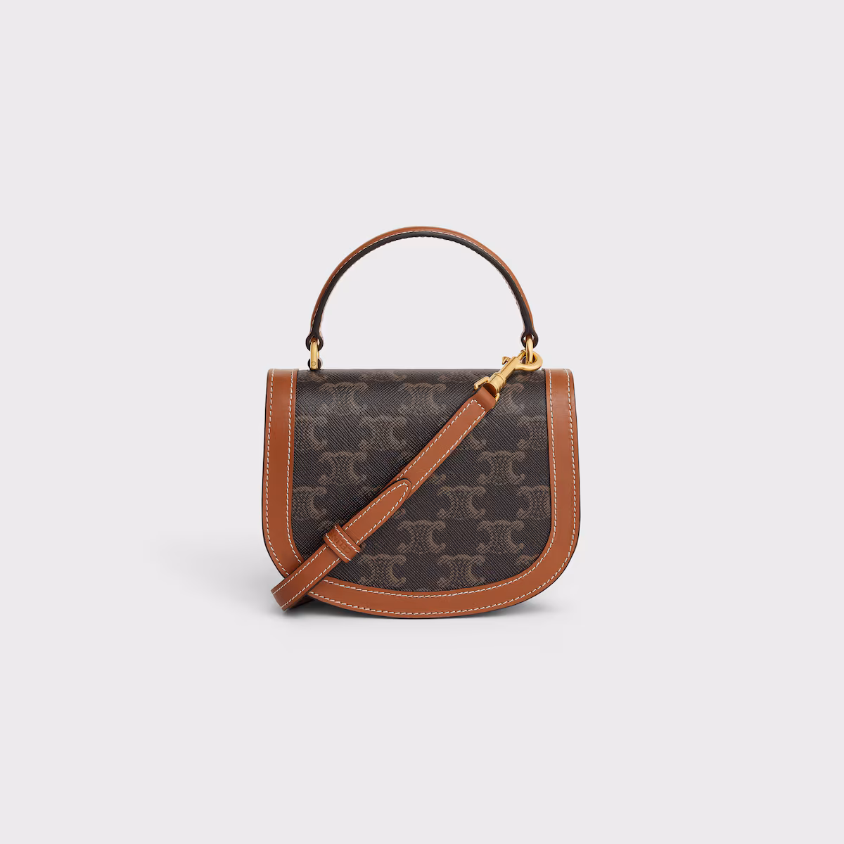 Celine Paris Brown Crossbody Leather Bag MINI BESACE CLEA handbag featuring the iconic Triomphe canvas pattern with smooth calfskin leather accents and gold-tone hardware.