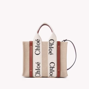 Chloé Small Woody Tote in linen canvas with calfskin trim