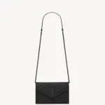 “Elegant lambskin envelope chain wallet featuring quilted stitching and metal emblem”