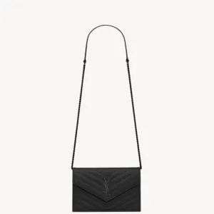 “Elegant lambskin envelope chain wallet featuring quilted stitching and metal emblem”