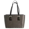 Full view of a spacious tote bag with a signature green geometric pattern (Goyard style), white stitching, and adjustable buckle details, standing on a branded dust bag.