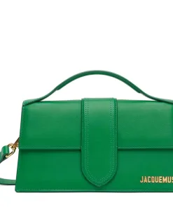 Green Jacquemus Le Grand Chiquito handbag shown from the front with top handle and gold logo.