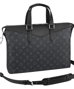 Close-up shot of a Louis Vuitton LV Explorer men's briefcase in Monogram Eclipse canvas with black leather trim and silver hardware.