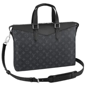 Close-up shot of a Louis Vuitton LV Explorer men's briefcase in Monogram Eclipse canvas with black leather trim and silver hardware.