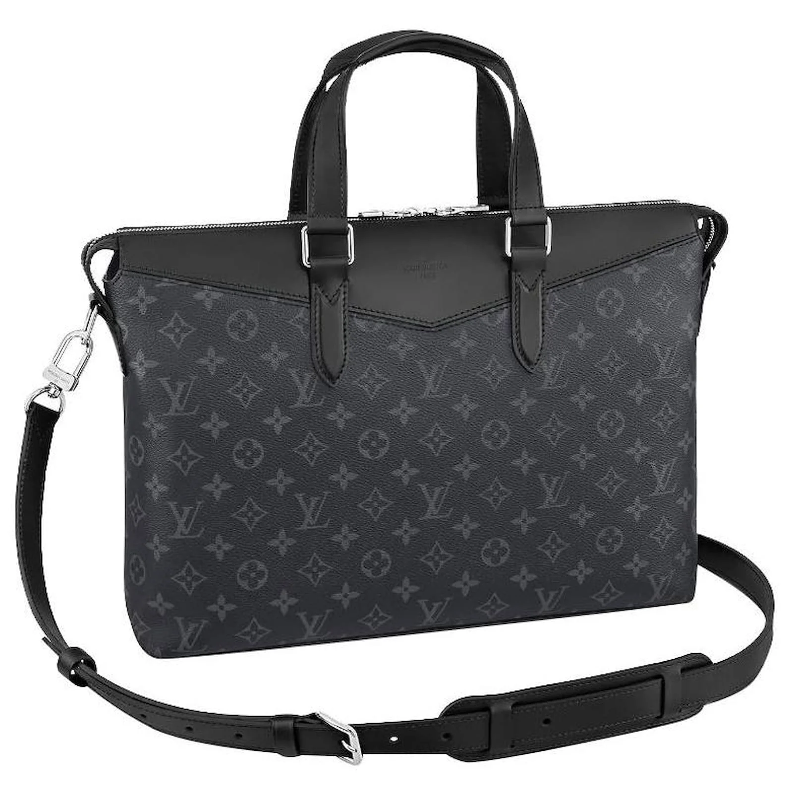 louis-vuitton-grey-leather-lv-explorer-briefcase-new Close-up shot of a Louis Vuitton LV Explorer men's briefcase in Monogram Eclipse canvas with black leather trim and silver hardware.