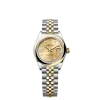 Elegant shot of the Lady-Datejust 28 on a wrist or display, highlighting the two-tone yellow Rolesor Jubilee bracelet.