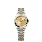 Elegant shot of the Lady-Datejust 28 on a wrist or display, highlighting the two-tone yellow Rolesor Jubilee bracelet.