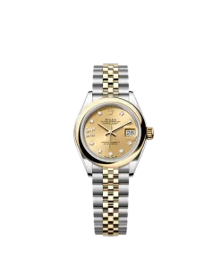 Elegant shot of the Lady-Datejust 28 on a wrist or display, highlighting the two-tone yellow Rolesor Jubilee bracelet.