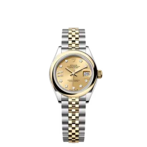 Elegant shot of the Lady-Datejust 28 on a wrist or display, highlighting the two-tone yellow Rolesor Jubilee bracelet.