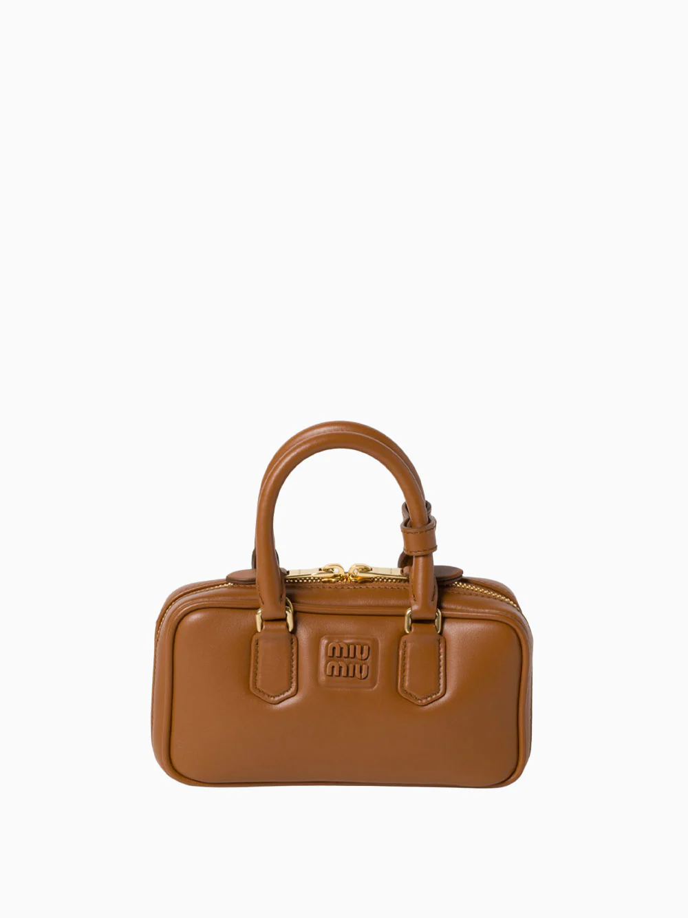 Miu Miu Mini Leather Box Bag with Gold Hardware Close-up of a Miu Miu mini leather box handbag featuring gold zippers and top handles.