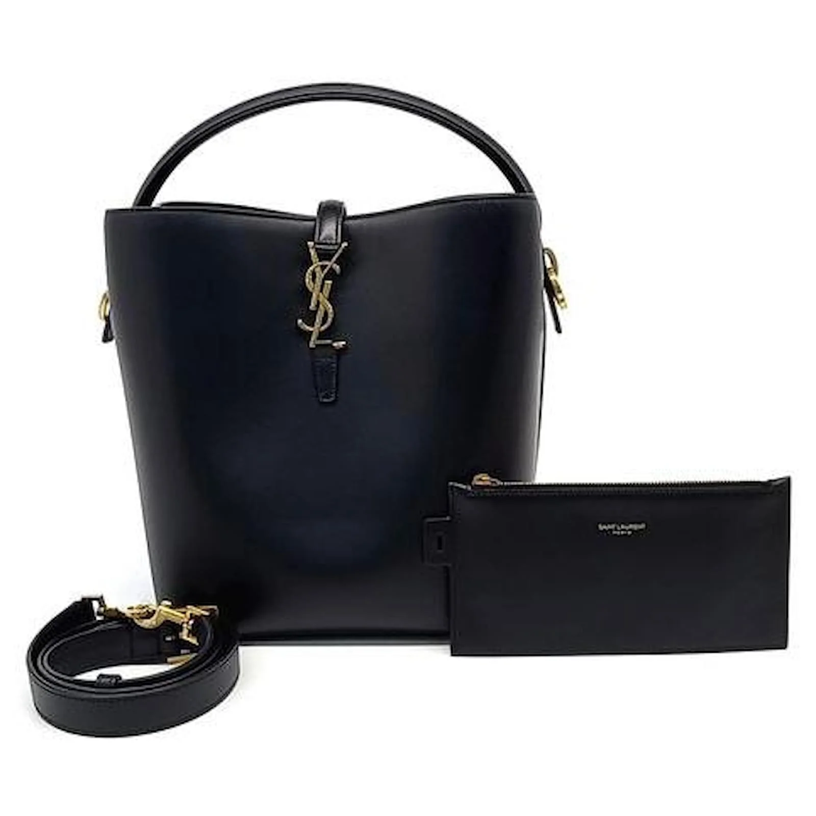 Front view of LE 37 mini bucket bag in shiny lambskin leather with CASSANDRE hook closure.