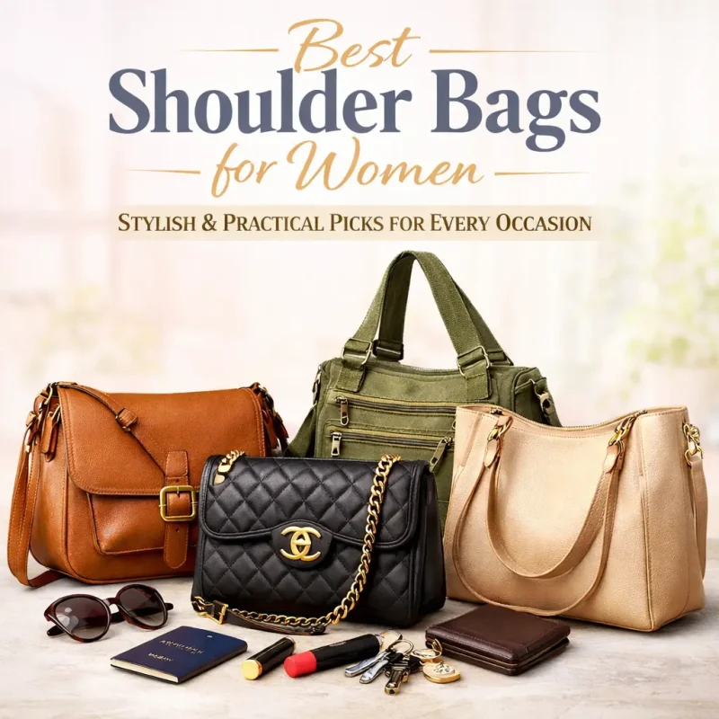 Best shoulder bags for women featuring a tan genuine leather bag and a cream canvas shoulder bag with gold hardware on a neutral background