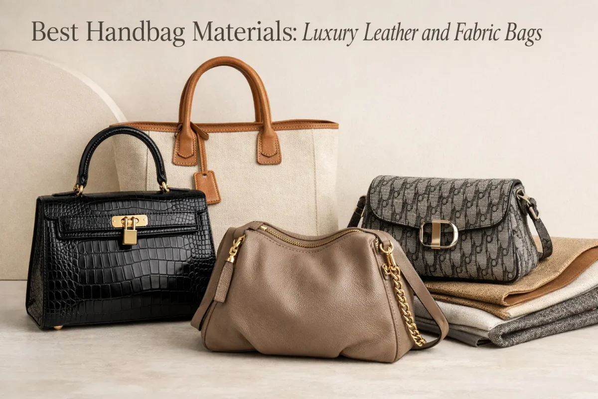 Best handbag materials showcased in luxury leather, canvas, and fabric handbags on a neutral background